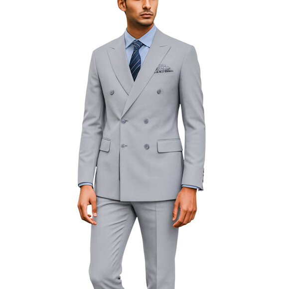 Solid Light Grey Double Breasted 2 Piece Tailored Fit Azzuro Men's Suit - Picture 1 of 1